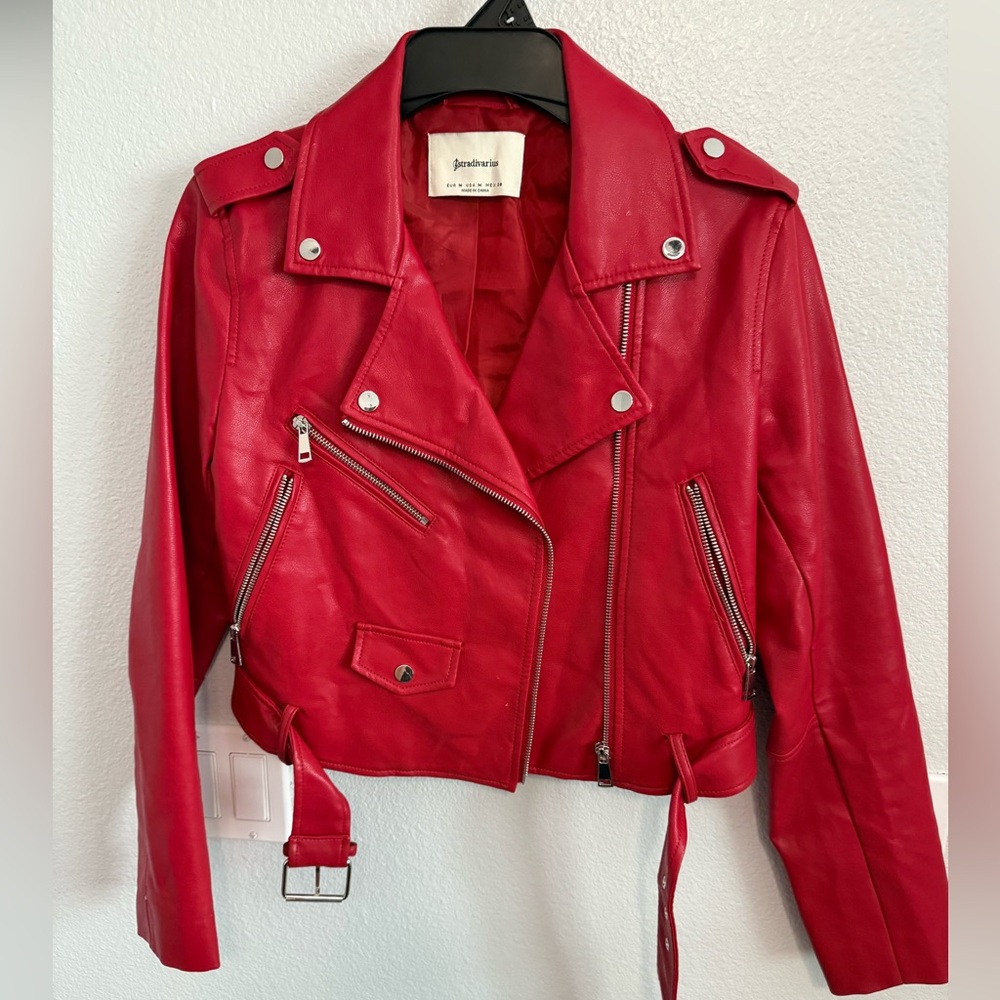 Stradivarius Red Leather Moto Jacket with Belted Waist